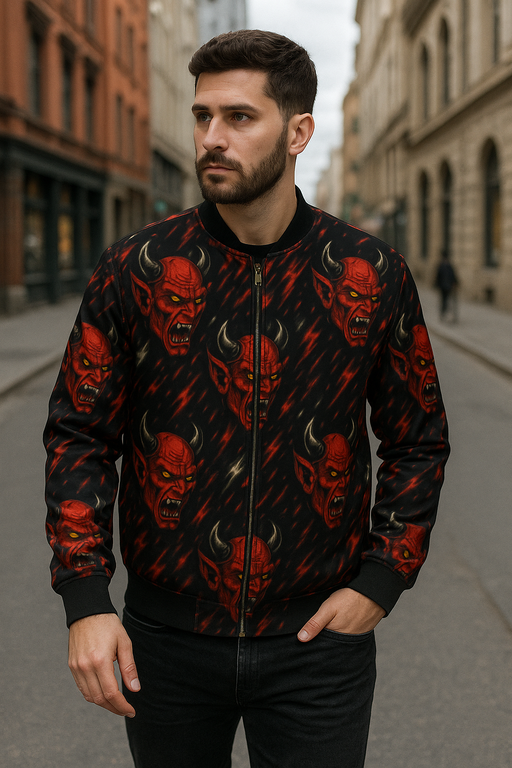Demon Rage All-Over Print Bomber Jacket – 240 GSM Premium Fleece | Unisex Streetwear