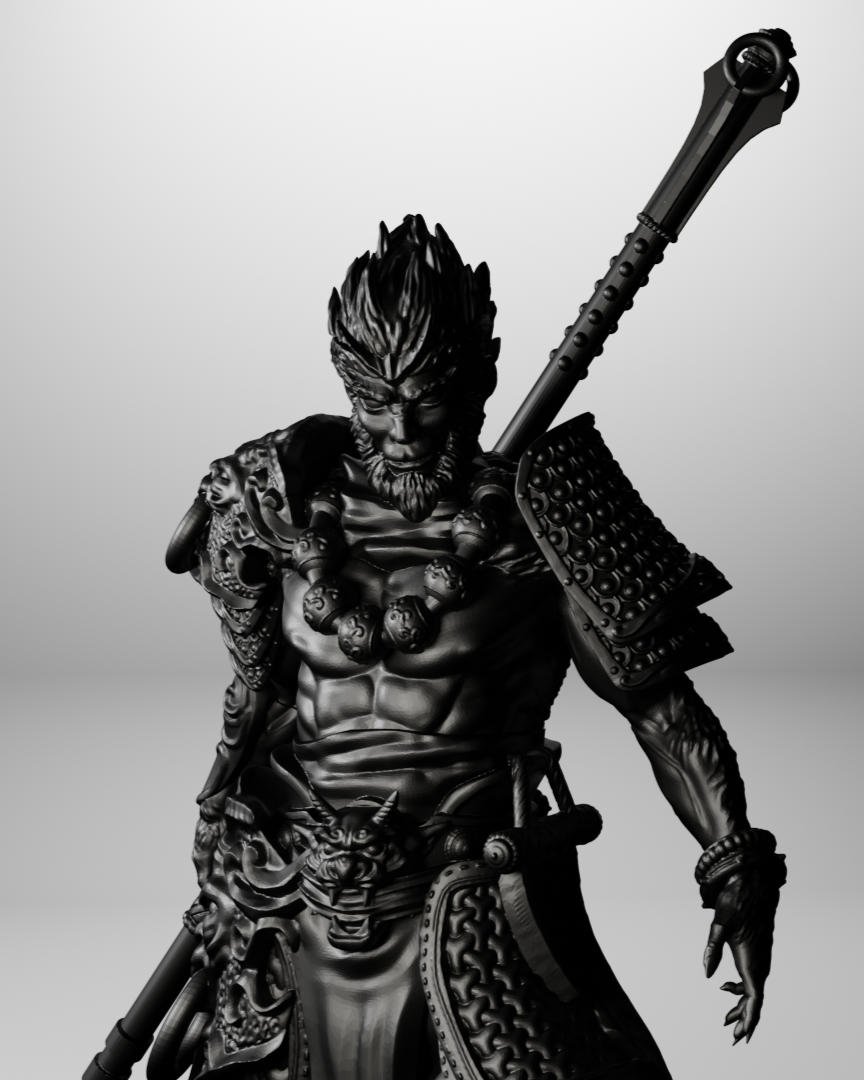 Black and white figure of a warrior with detailed armor and weapon on a light gray background